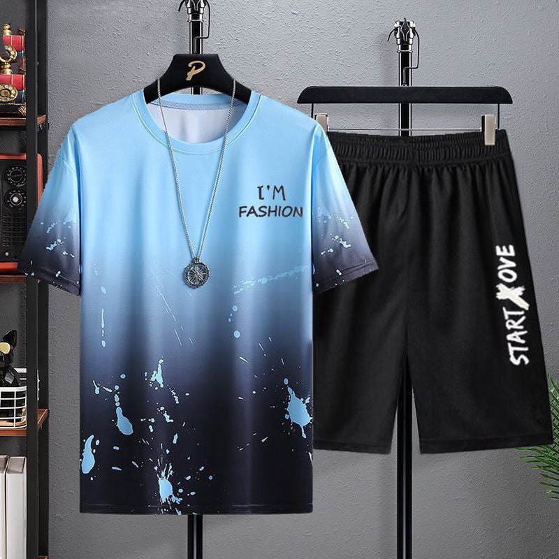 Niche Design Short-Sleeved Shorts Men's Snow And Ice Sportswear Casual Loose Gradual Change