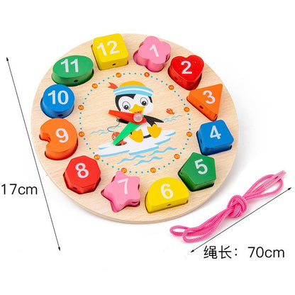 Montessori Children Clock Puzzle Cartoon Animals Tangram Cognitive Numbers Clock Early Learning Threading Assembly Toys