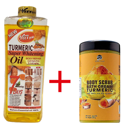 Pack Of 2 - Turmeric Body Oil 1000ml + Body Scrub 550g Super Whitening Skin Repair Anti-Aging Removes Wrinkles Dark Spots & Smooths Clears Knuckles PornThap Premium Organic Exfoliating Body Scrub