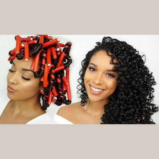 Before and after comparison of a woman with hair rollers and styled natural curls.