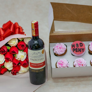 Flower Bouquet with Cupcakes and Frontera Wine