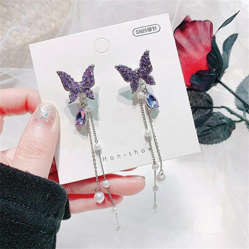 2024 Fashion Jewellerys 1 Pair Shiny Butterfly Rhinestone Drop Dangle Earrings Women Elegant Long Pearl Tassel Chain Pendant Party Jewelry Earrings Jewelry for Teen Girls Gift Spring Earrings Gifts