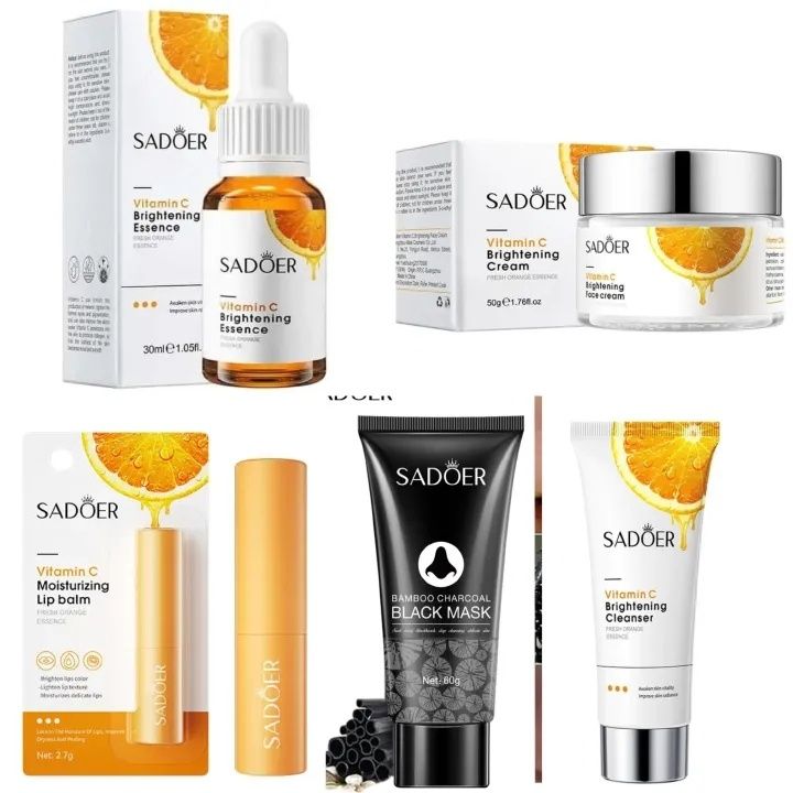 SADOER 5PCS, Vitamin C Cream + Vitamin C Serum + Vitamin C Moisturizing Lip Balm + Black Head Peeling Mask + Vitamin C Foaming Face Wash, for Brightening, Remove Black Heads, Lips Brightening