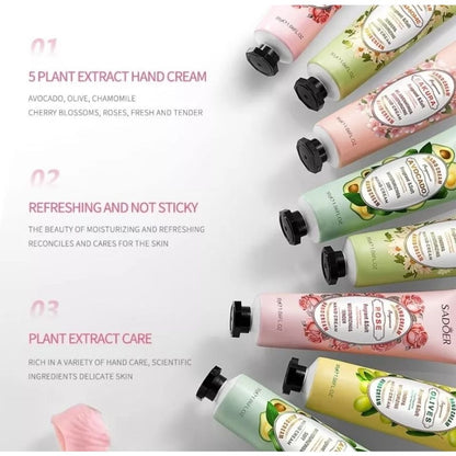 5PCs Sadoer Moisturizing Hand Cream Set Flower & Fruit Sakura Chamomile Rose Avocado Olives