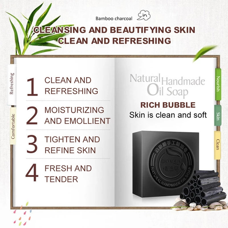 Natural Organic Herbal Essential Black Bamboo Oil Soap Whitening Handmade Soap Skin Remove Acne Deep Cleansing Anti Bacterial