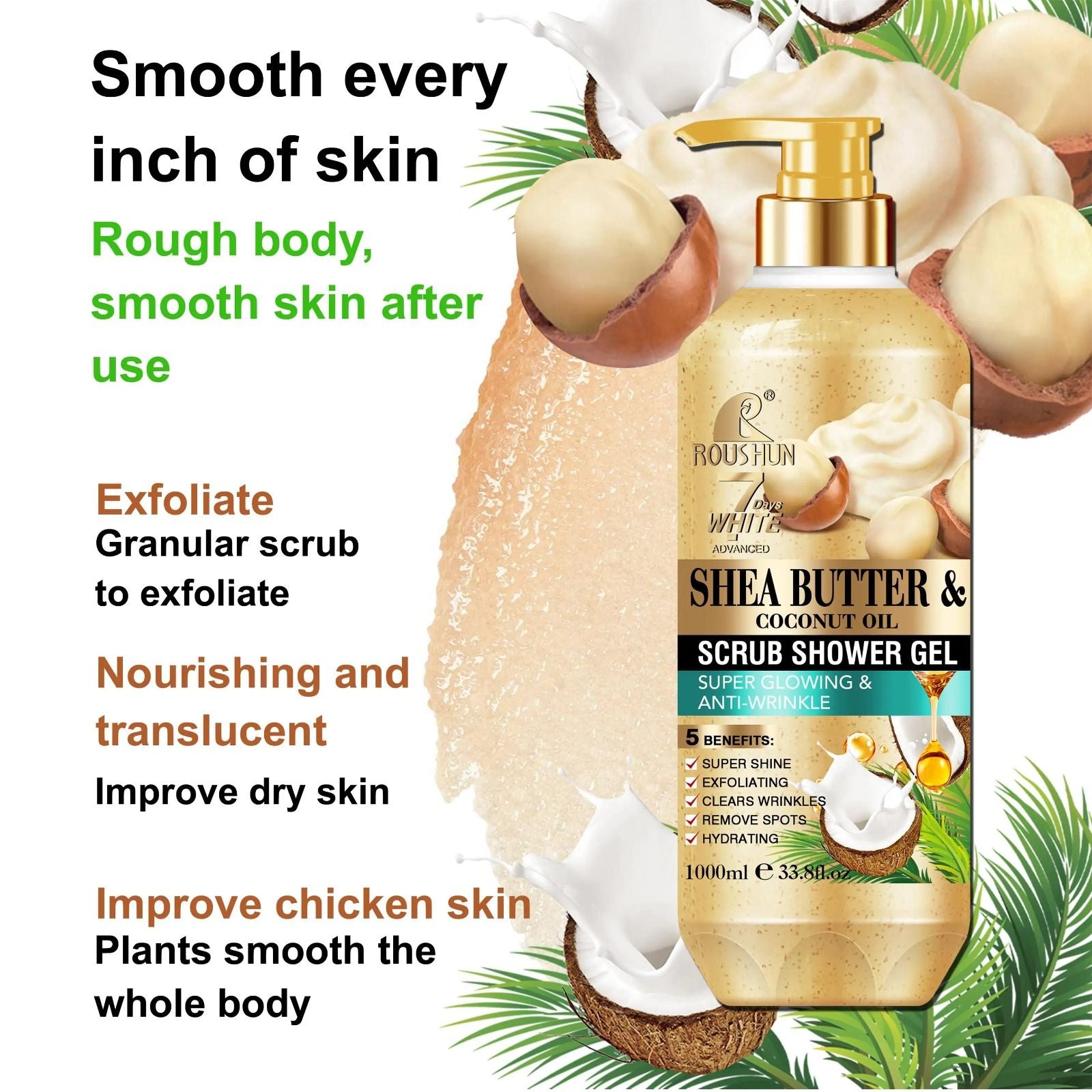 ROUSHUN Shea Butter & Coconut Oil Scrub Shower Gel Super Glowing & Anti-wrinkle Good Quality 1000ml Removes Acnes Clear Pimples Cleans and Hydrates Glow and Shine