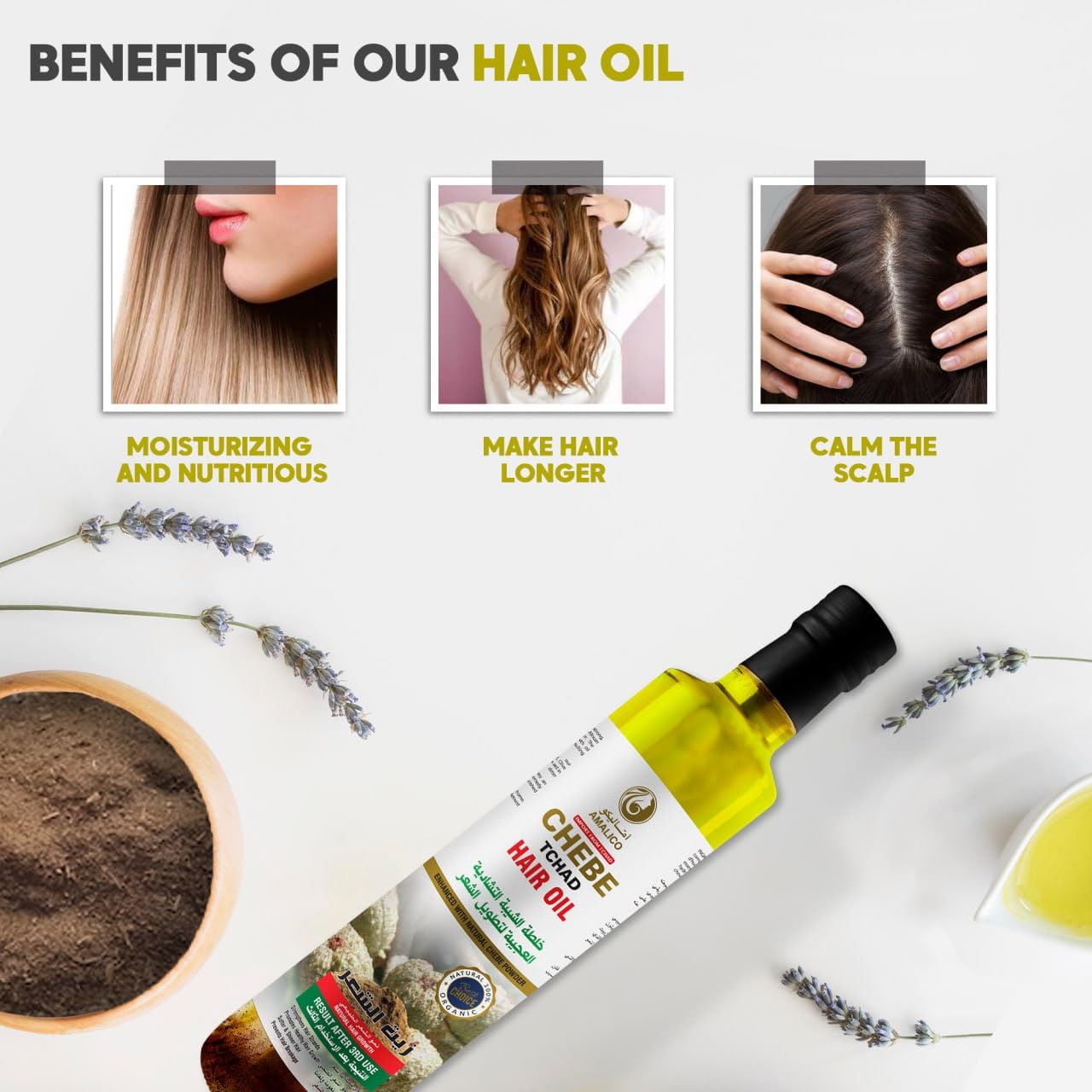 Amalico Chebe Oil for Hair Growth - Olive Oil, Ostrich Oil, Essential Oil, 100% Natural African Chebe Powder for Hair Growth - Ready to Use, Large Volume 250ml 25oml