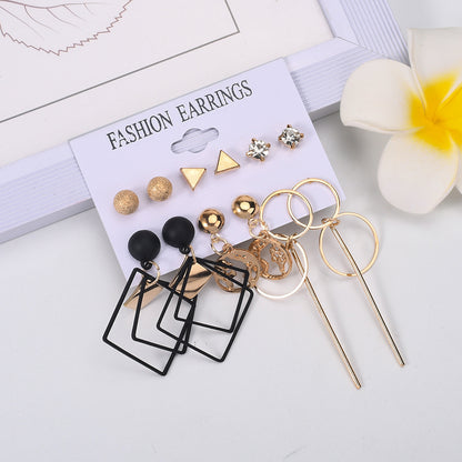 2022 new fashion beautiful 6pcs/set diamond earrings black punk exaggerated earrings pearl earrings golden triangle earrings hot selling gift for women