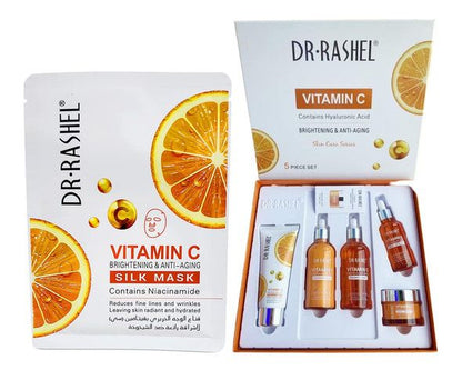 5 Pack Dr Rashel Vitamin C Serum, Toner, Facial Cleanser, Cleansing Milk Skin Care 5 Items, Contains Hyaluronic Acid, Anti Aging and Collagen Essence ( Pack Of 5 Piece Set ) Dr. Rashel Skin Care Set