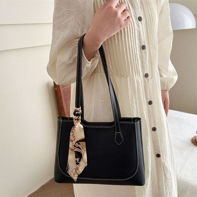 Ladies Classic Handbag Women Black Bag Ribbon Decoration Bags PU Synthetic Leather Bag
