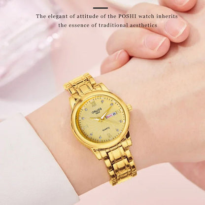 Ladies Fashion Simple And Casual Steel Band Dual Calendar Luminous Waterproof Watch Quartz Watch for Women Gift Clock Business And Leisure