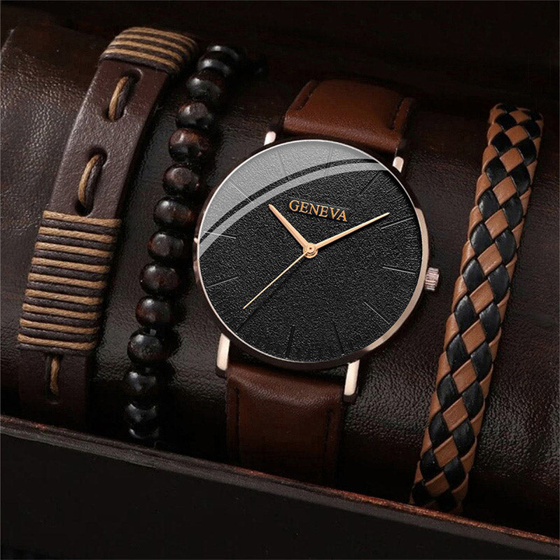 4PCS Set Fashion Mens Sports Watches Man Business Quartz Wristwatch Luxury Brown Leather Bracelet Men Casual Clock Watch
