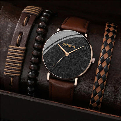 4PCS Set Fashion Mens Sports Watches Man Business Quartz Wristwatch Luxury Brown Leather Bracelet Men Casual Clock Watch