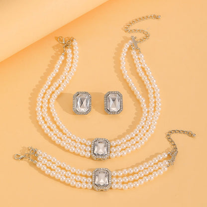 European American New Fashion Hot Sale Choker Necklace Personality Pearl Beaded Charms Court Style（Necklace+Bracelet+Earring ）Jewelry Set for Woman