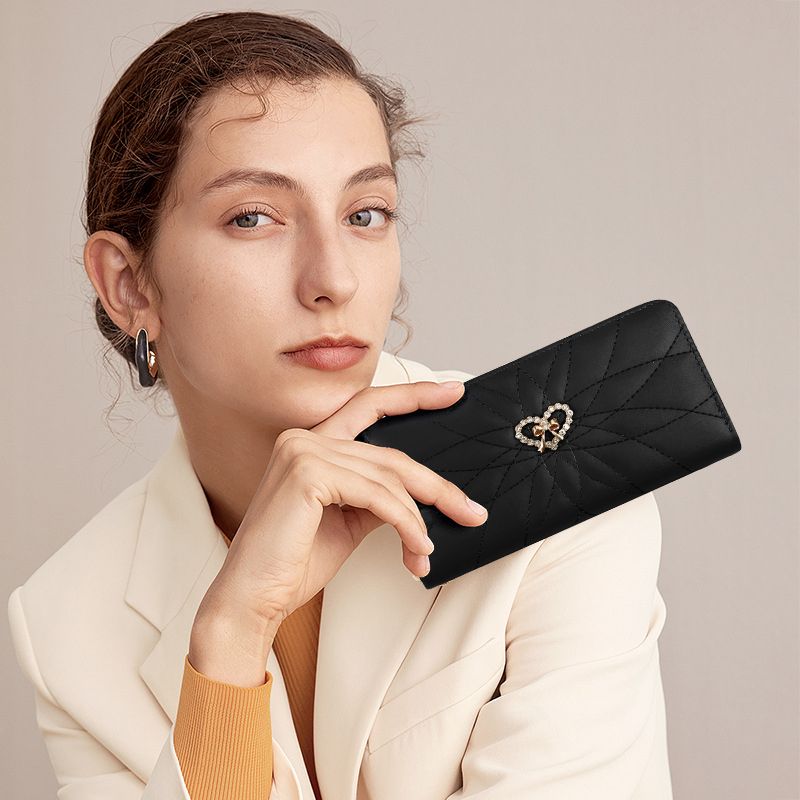 Classic Ladies Clutch Bag Mobile Phone Bag PU Black Long Wallet Card Holder