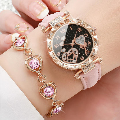 6PCS Ladies Watch Jewelry Set Watch Ring Necklace Earrings Bracelet Set Pink Crystal Waterproof Watch Set Wristwatch Ladies' Love Dial Quartz Watch Can Be Used As Romantic Gift Or Prop Shooting