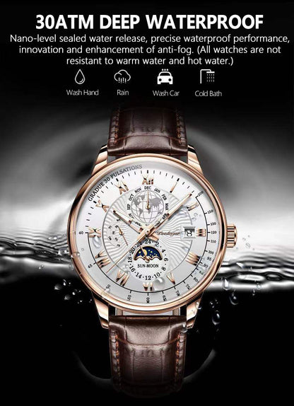 Men Watches Top Brand Original Luxury Luminous Waterproof Sport Quartz Male Wristwatch Moon Phase Leather Strap Wrist Watch