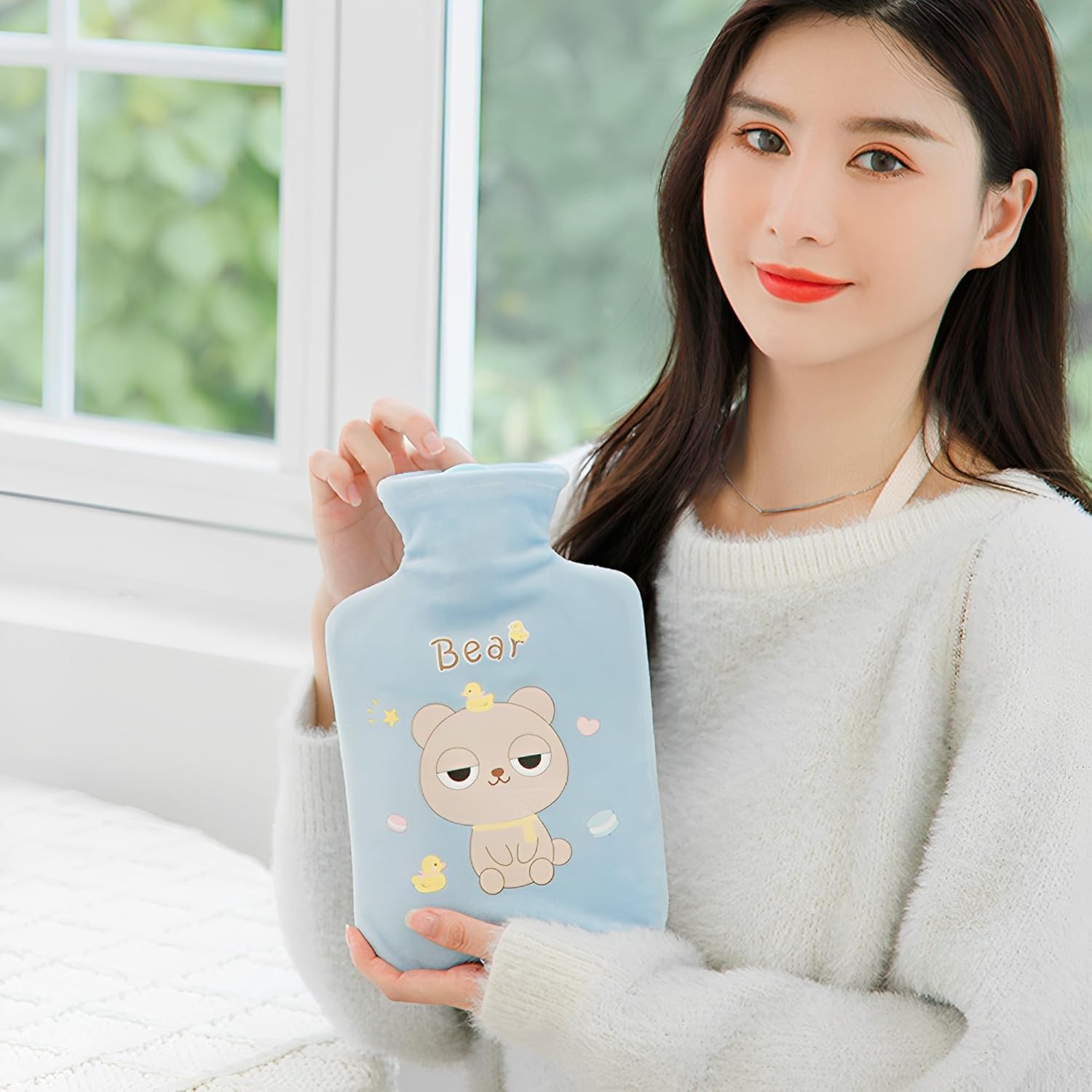 Cute Hot Water Bottles, 1L (34oz) Durable Large Hot Water Bag with Cartoon Plush Cover for Hot and Cold Compress Hand Feet Warmer Thickened Hand Warmer for Neck and Shoulder