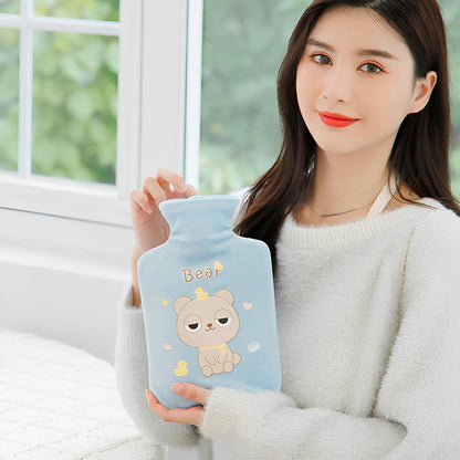 Cute Hot Water Bottles, 1L (34oz) Durable Large Hot Water Bag with Cartoon Plush Cover for Hot and Cold Compress Hand Feet Warmer Thickened Hand Warmer for Neck and Shoulder