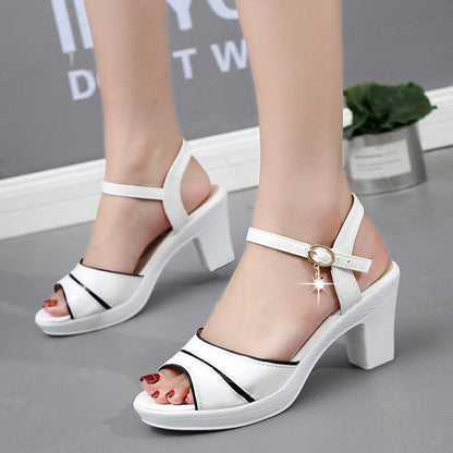 size 38-41 Ladies mouth shoes open shoes high heels Sandals Women's single button sandals exquisite dance shoes Girls chunky heel sandal edge white shoes