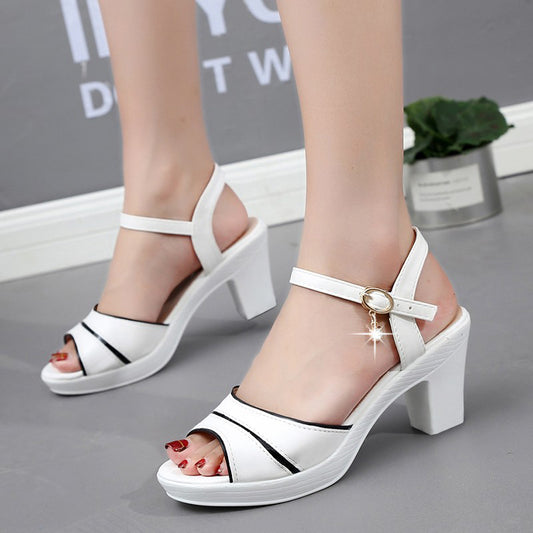 size 38-41 Ladies mouth shoes open shoes high heels Sandals Women's single button sandals exquisite dance shoes Girls chunky heel sandal edge white shoes