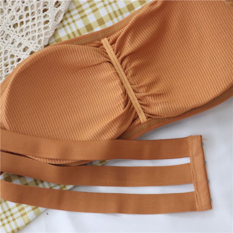 Women Strapless Ruched Push Up Bra Padded Hollow Out Backless Wireless Underwear Bandeau Thread Ribbed Adjustabable Bralette Lingerie