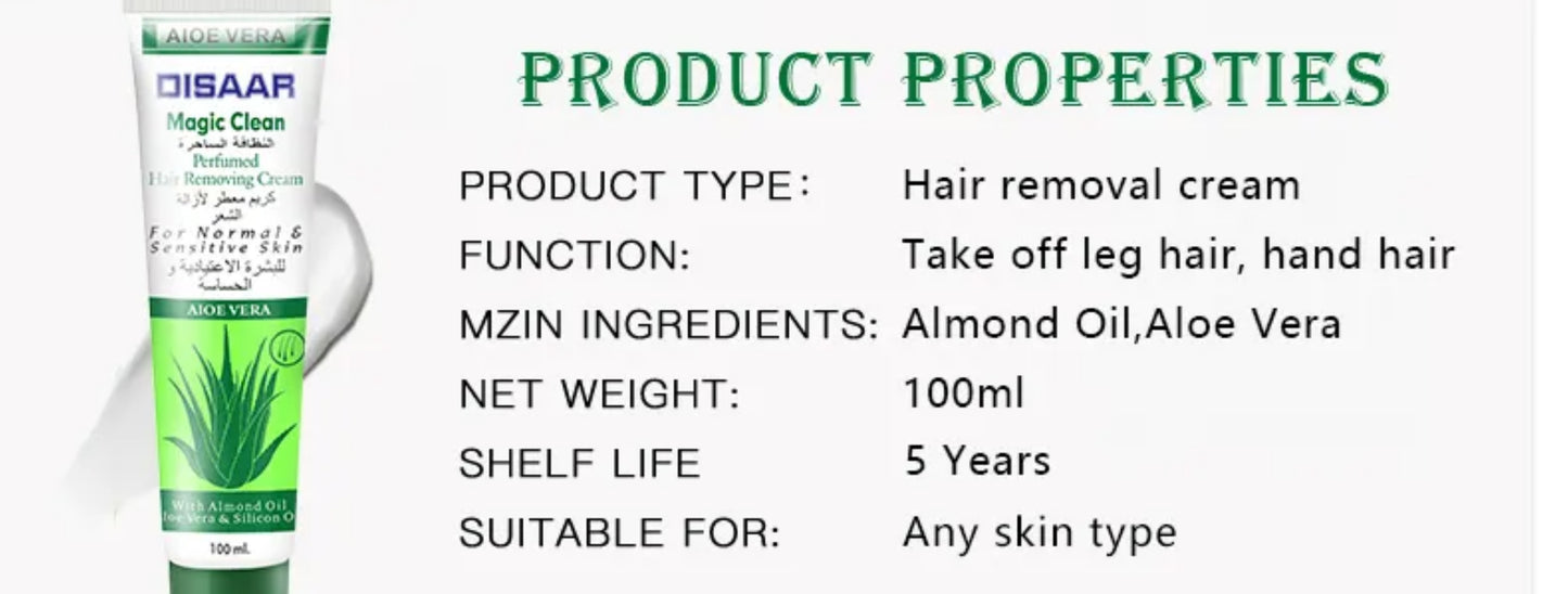 Aloe Vera Magic Clean Perfumed Hair Removal Cream with Almond Oil & Silicon Oil Body Face Arms Legs Depilatory Removing Gel - Disaar