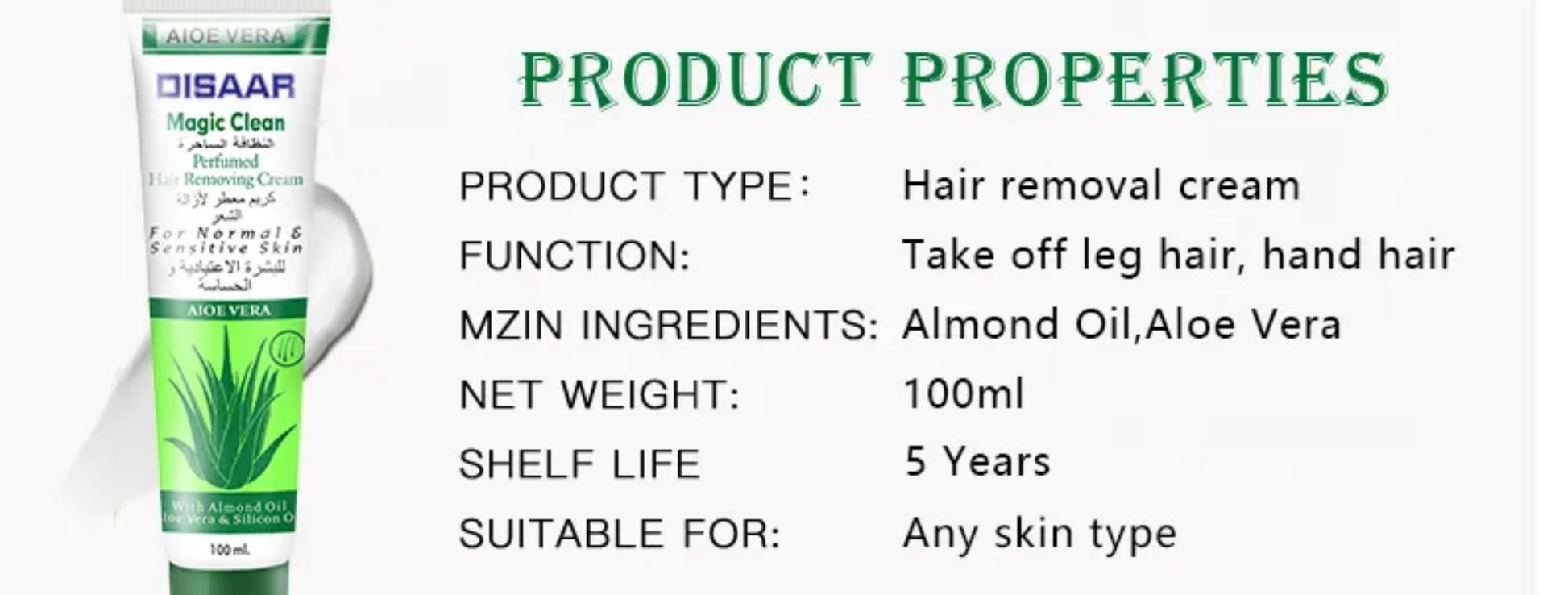 Aloe Vera Magic Clean Perfumed Hair Removal Cream with Almond Oil & Silicon Oil Body Face Arms Legs Depilatory Removing Gel - Disaar