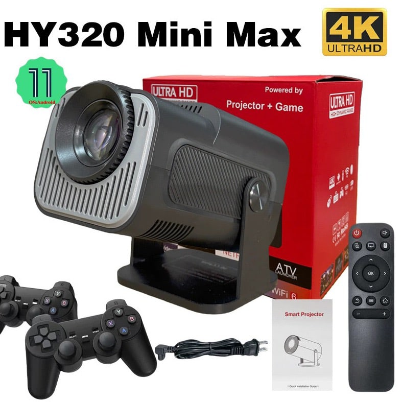 HY320 mini projector, equipped with two game controllers and 20,000 games, supports 4K and 720P, Android system, can be connected to laptops, and allows screen mirroring from smartphones