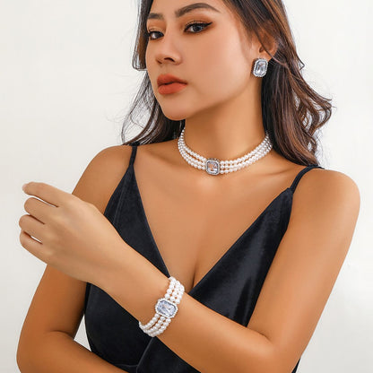 European American New Fashion Hot Sale Choker Necklace Personality Pearl Beaded Charms Court Style（Necklace+Bracelet+Earring ）Jewelry Set for Woman