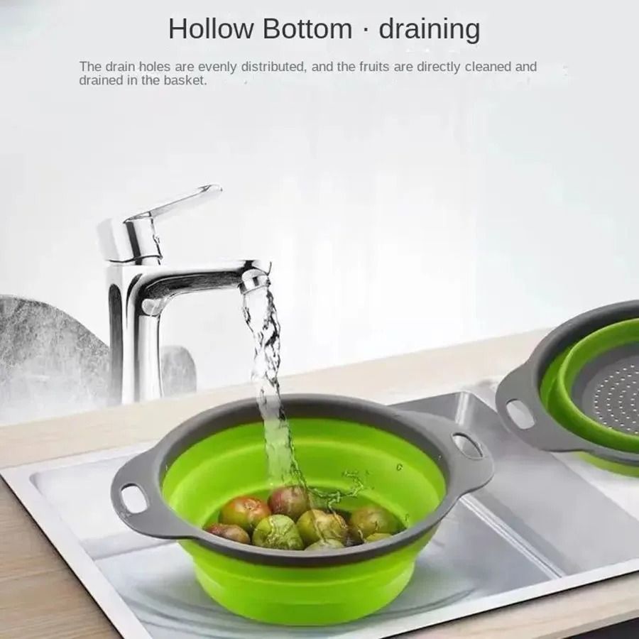 2pcs 29cm*24cm Silicone Round Folding Vegetable Fruits Washing Drain Basket Colander Strainer Collapsible Drainer Kitchen Tool Cookware Sets Cooking