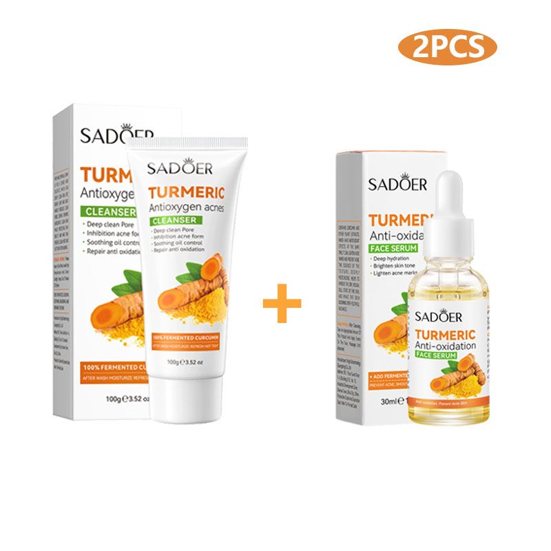 SADOER 2 In 1 Skin Care Set Turmeric Set Anti Acne Face Cleanser + Sadoer Turmeric Face Serum Remove Dark Spots Essence Anti-wrinkle Prevent Acnes Antioxygen Repair Set