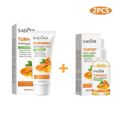 SADOER 2 In 1 Skin Care Set Turmeric Set Anti Acne Face Cleanser + Sadoer Turmeric Face Serum Remove Dark Spots Essence Anti-wrinkle Prevent Acnes Antioxygen Repair Set