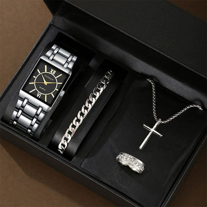 Men's Fashion Business Watch Rectangular Stainless Steel Quartz Movement Casual Simple Design Men's Gift