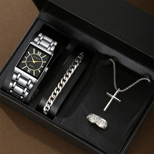 Men's Fashion Business Watch Rectangular Stainless Steel Quartz Movement Casual Simple Design Men's Gift