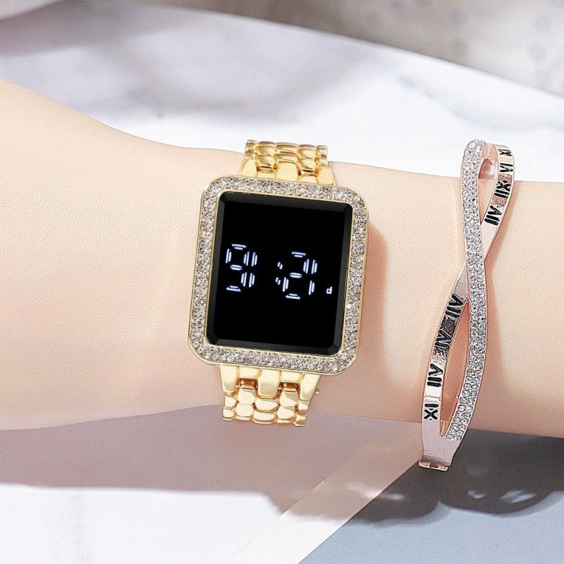Square diamond inlaid led simple steel band watches touch wrist watch for man and women casual fashion trend electronic watchs
