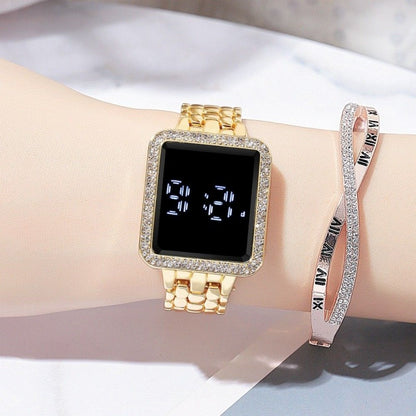Square diamond inlaid led simple steel band watches touch wrist watch for man and women casual fashion trend electronic watchs