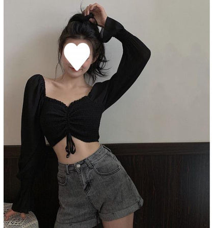 Women Tops And Bloues Sexy Women Long Sleeve Square Neck Shirt Drawstring Off Shoulder Blouse Crop Top