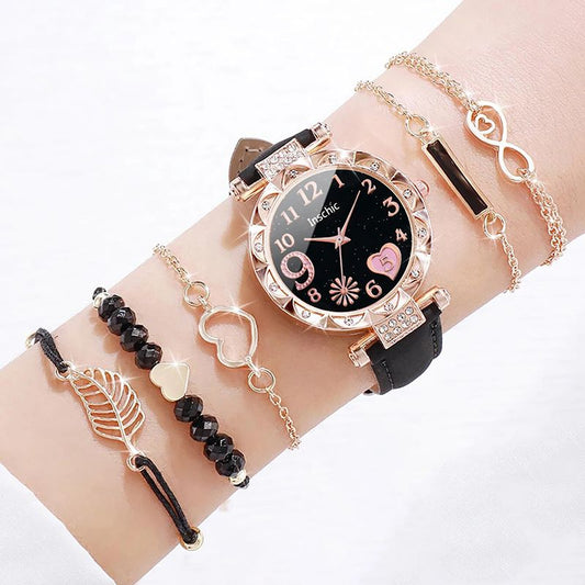 6PCS/Set Women Watches Fashion Heart Dial Leather Band Quartz Watch Leaf Bracelets Set