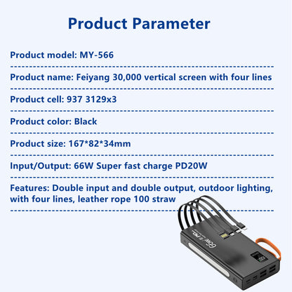 RichRipple New Power Banks Built-in Cable Mobile Power Bank Supply 30000 mAh Outdoor Emergency Mobile Phone Backup Power Supply