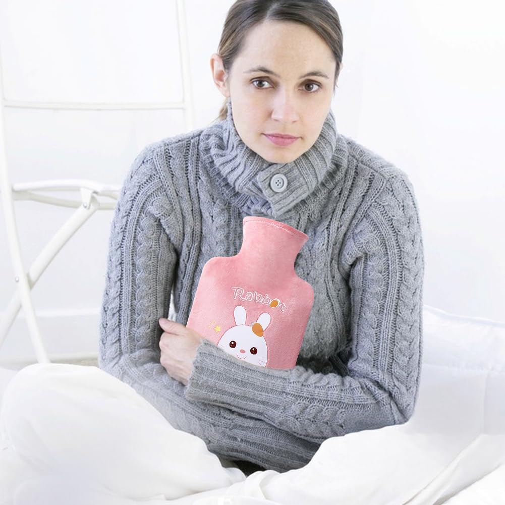Cute Hot Water Bottles, 1L (34oz) Durable Large Hot Water Bag with Cartoon Plush Cover for Hot and Cold Compress Hand Feet Warmer Thickened Hand Warmer for Neck and Shoulder