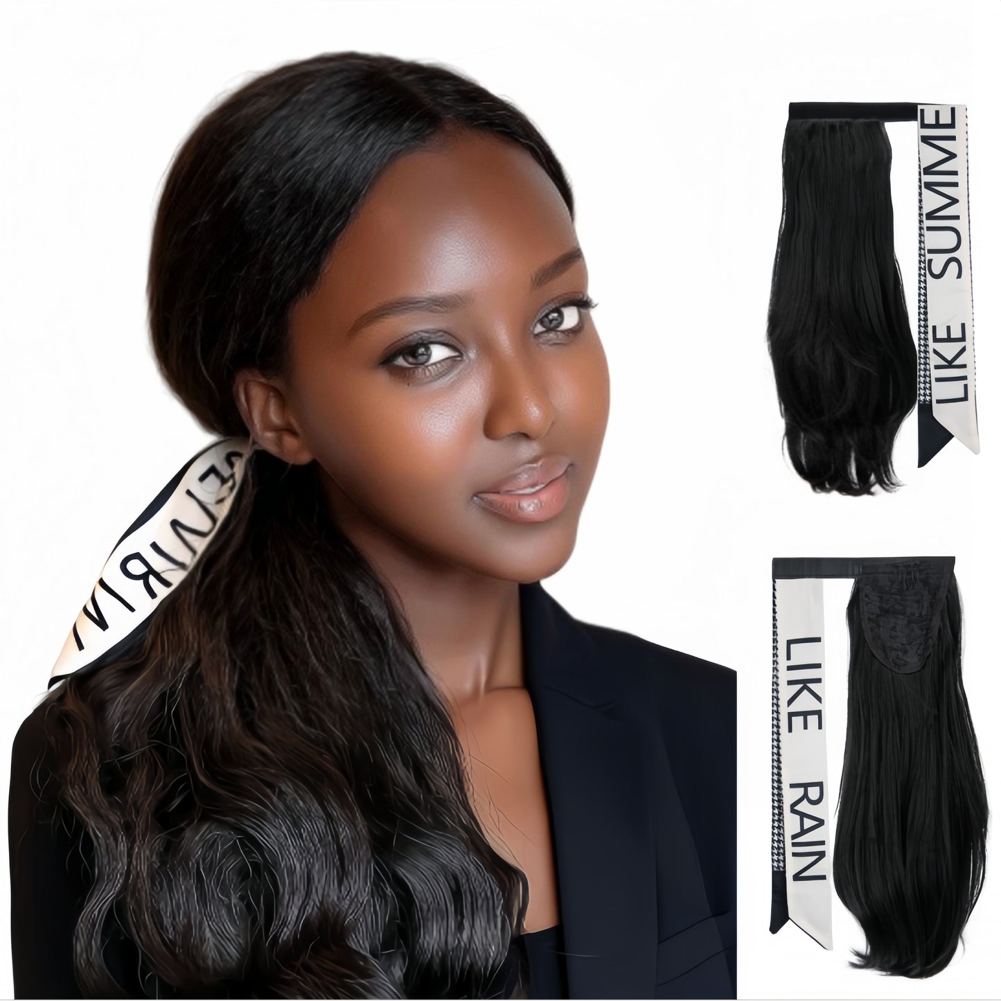 Velcro Ponytail Extension for Instant Volume | Long Curly Hair with Big Waves & Invisible Attachment (Black, 18 Inch, Secure Fit, Daily/Special Occasion Use)