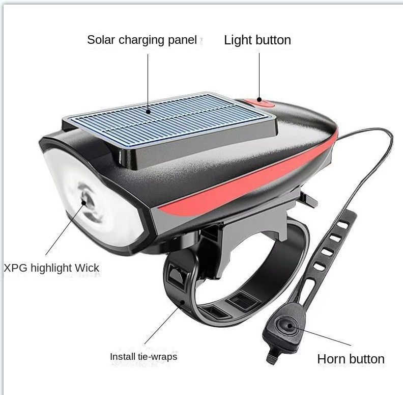 Solar Bicycle Light Multi-Functional Solar-Powered and USB Rechargeable Battery Mountain Bike Night Cycling High Brightness Light Bike Front Light and 120dB Horn Bicycle Charging Light