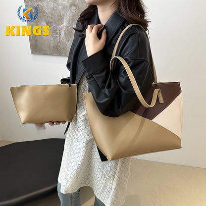 2 In 1 Ladies Handbags Pouch Bags Set Large Capacity Tote Bag Small Bag PU synthetic leather Color-Block Bag