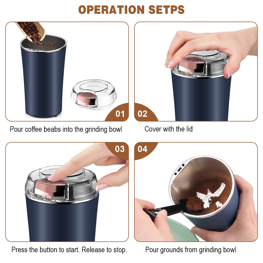UPHUI Electric Coffee Grinder Spice Grinder Coffee Bean And Vanilla Grinder Equipped With A Brush Spoon And One Button Stainless Steel Grinding Suitable For Vanilla Peanut Grain And Bean Grinding