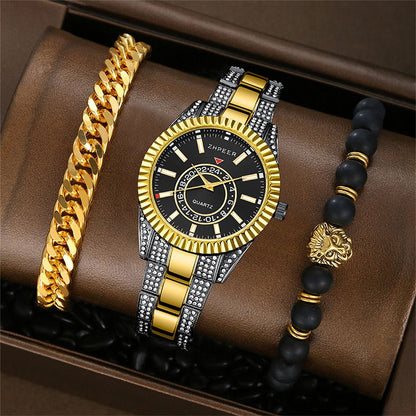 3PCS Set Fashion Mens Calendar Watches Men Business Stainless Steel Quartz Wristwatch Male Casual Necklace Bracelet Watch