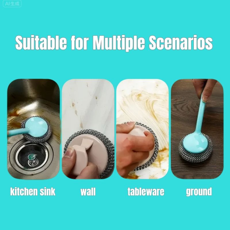 （1pc Handle+3pcs Steel Wool）Handle Cleaning Scouring Pad Soft Stainless Steel Wool Detachable Handle Rust-Resistant Durable Pots Pans Utensils Kitchen Clean Household Essential