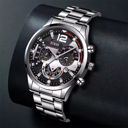 2PCS Fashion Mens Calendar Watches Luxury Male Stainless Steel Quartz Wristwatch Luminous Clock Men Bracelet Wrist Watch