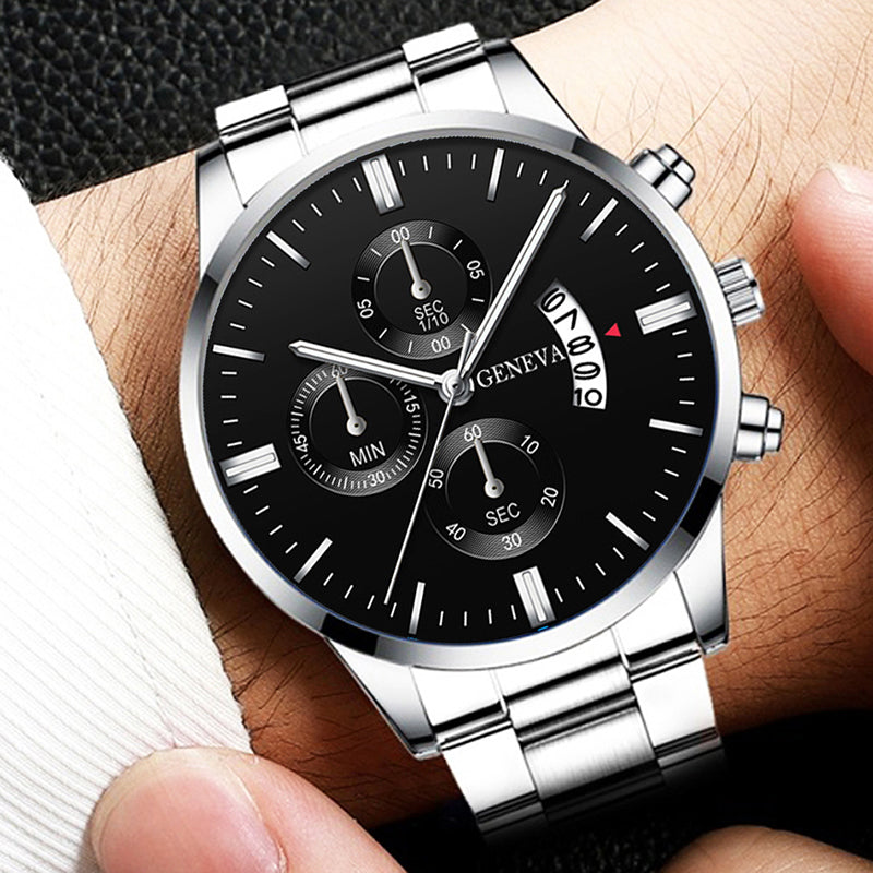 Men Watch Date Stainless Steel Watch Luxury Calendar Quartz Wrist Watch Business Watches for Man Clock Valentines Gift Fashion Mens Watches With keyring Free Gift
