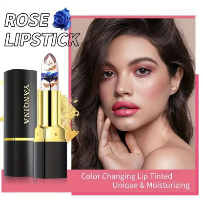 Rose Temperature Color Changing Lipstick Long Lasting Flower Jelly Lipstick Waterproof Lip Balm Non-stick Cup Non-fading Lip Gloss with Moisturizing and Glowing Effects